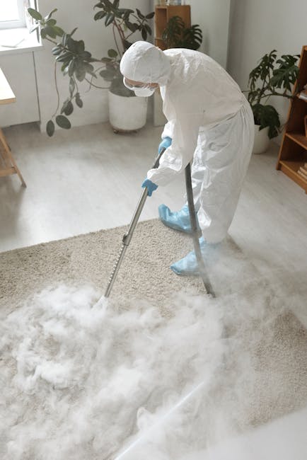 A professional cleaner dressed in full white protective gear, including a coverall, face mask, and gloves, is performing surface cleaning on a beige carpet inside a well-lit, modern living room. The cleaner is using a steam cleaning machine to deep clean the carpet, which appears to be in the process of being sanitized and refreshed. The room features natural light coming from a large window, with decorative plants in white pots, a wooden shelving unit, and a light-colored floor that enhances the clean and tidy appearance. Edgware Carpet Cleaning specializes in residential cleaning services, including deep carpet cleaning, to ensure hygiene and durability, as showcased in this detailed cleaning process near Edgware Station HA8. The area is visibly free of dust and debris, with the steam machine emitting a controlled amount of vapor, indicating high-quality sanitisation and surface cleaning techniques.